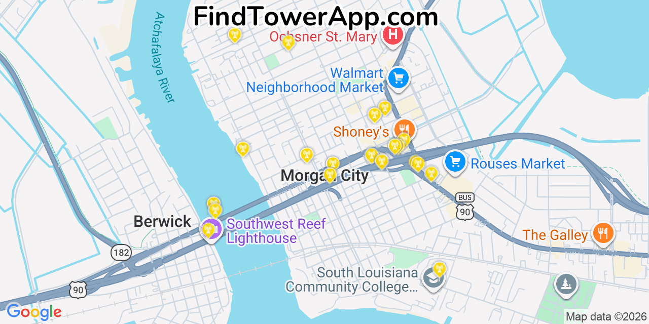 Map showing the 20 primary cell tower locations detected in Morgan City, Louisiana from AT&T, Verizon, and T-Mobile networks