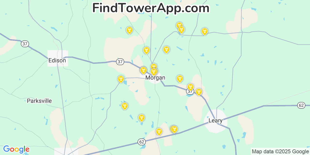 Map showing the 20 primary cell tower locations detected in Morgan, Georgia from AT&T, Verizon, and T-Mobile networks