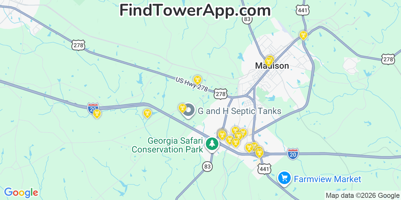 Map showing the 20 primary cell tower locations detected in Morgan, Georgia from AT&T, Verizon, and T-Mobile networks