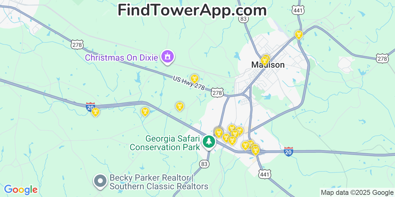 Map showing the 20 primary Mobitel cell tower locations detected in Morgan, Georgia with coverage radius and signal strength indicators