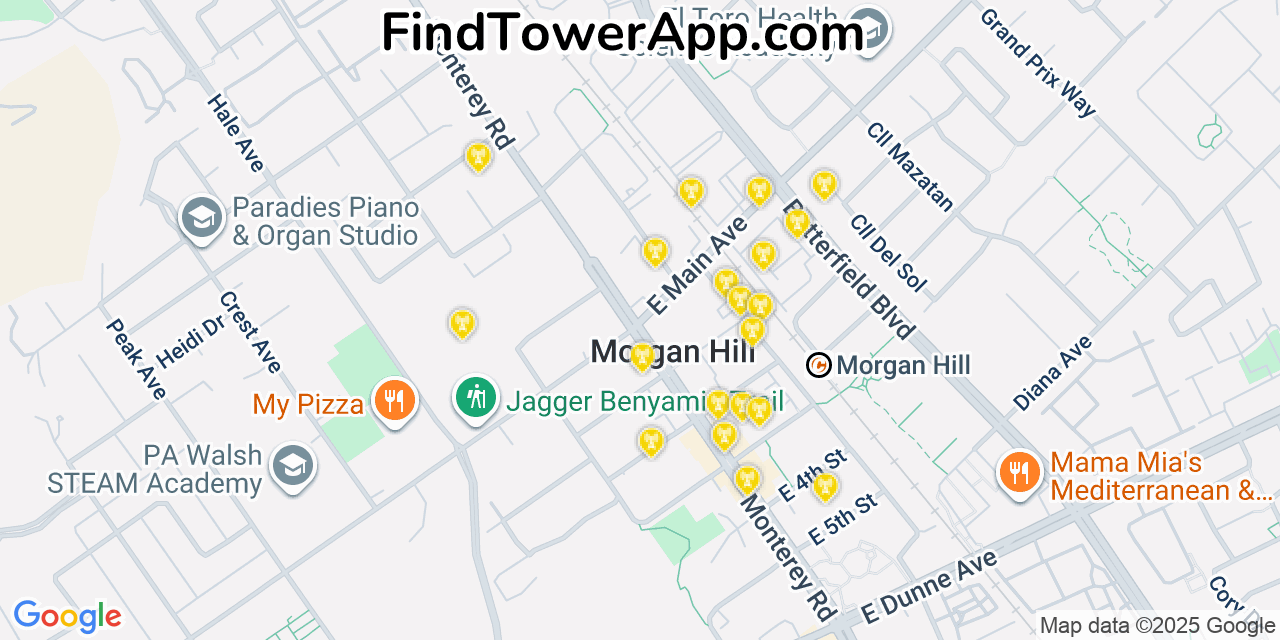 Map showing the 20 primary cell tower locations detected in Morgan Hill, California from AT&T, Verizon, and T-Mobile networks