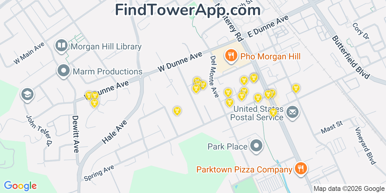 Map showing the 20 primary cell tower locations detected in Morgan Hill, California from AT&T, Verizon, and T-Mobile networks