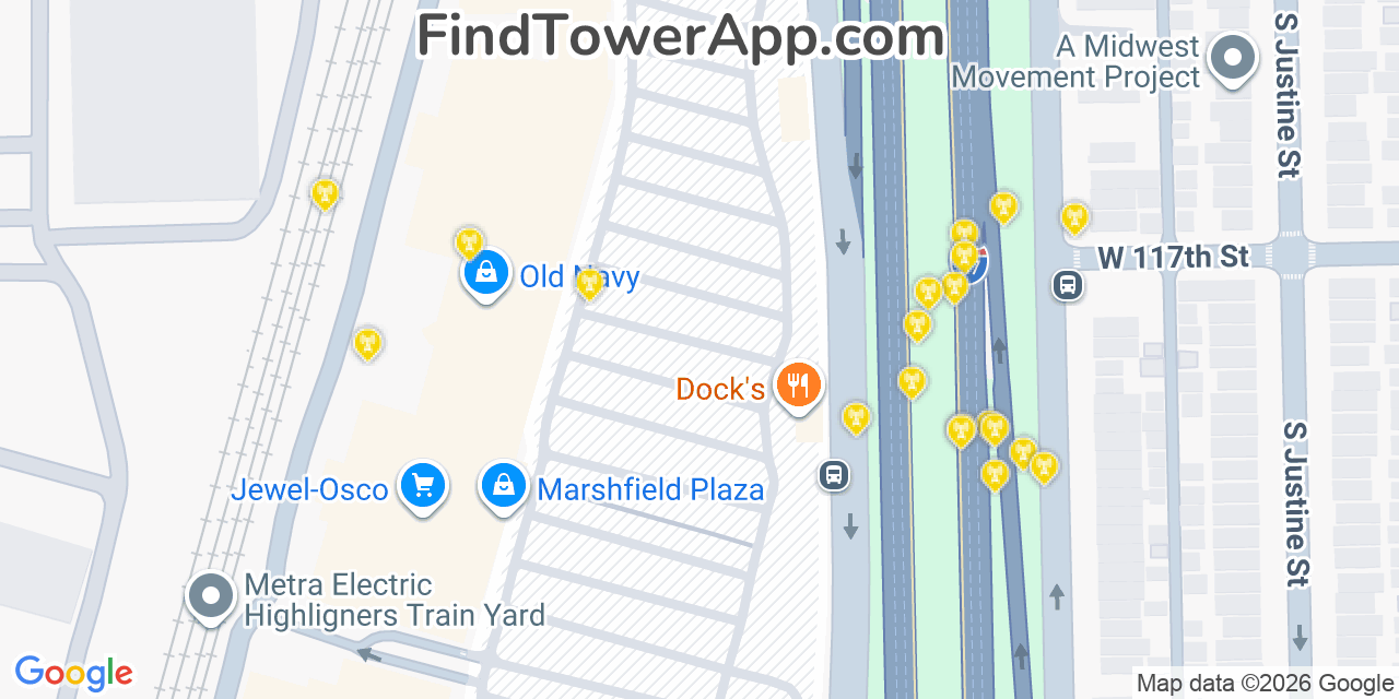Map showing the 20 primary cell tower locations detected in Morgan Park, Illinois from AT&T, Verizon, and T-Mobile networks