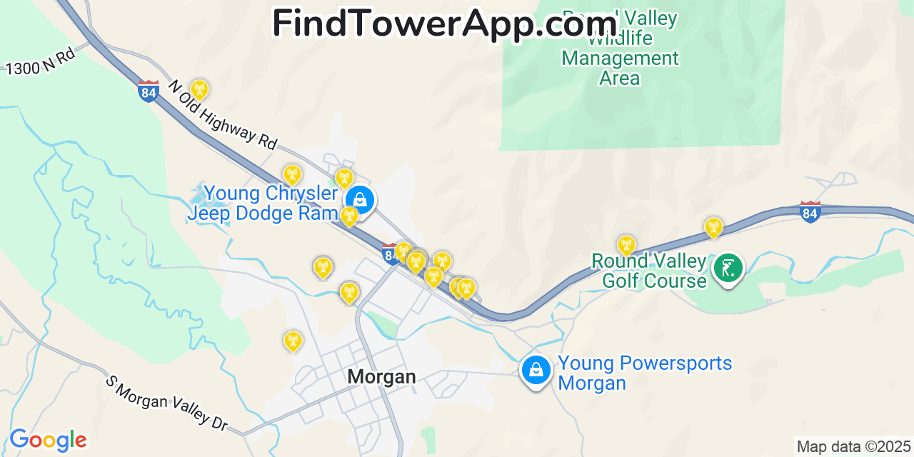 Map showing the 20 primary cell tower locations detected in Morgan, Utah from AT&T, Verizon, and T-Mobile networks