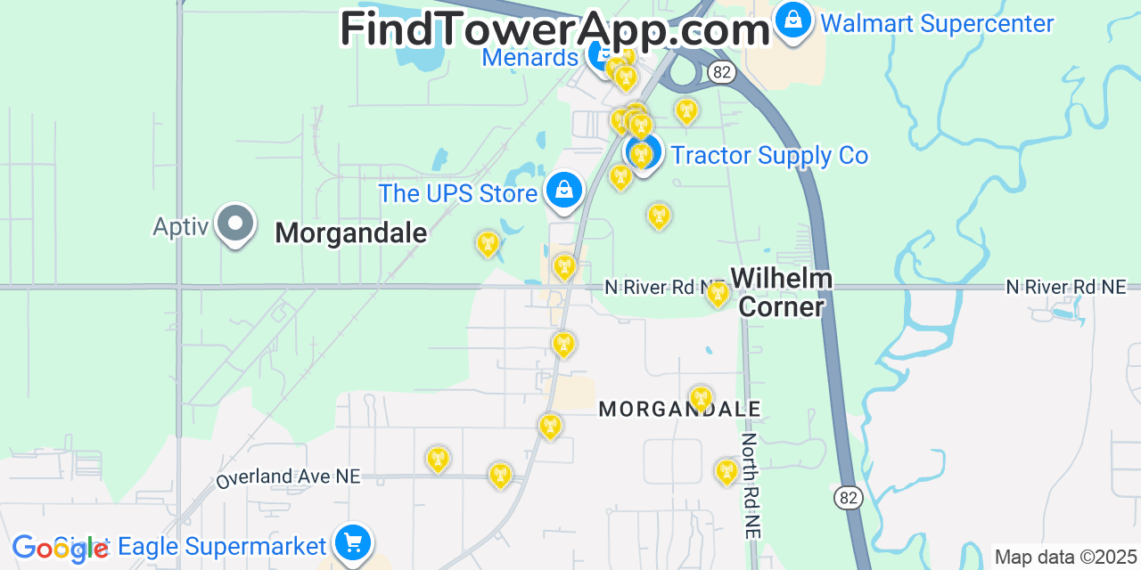 Map showing the 20 primary cell tower locations detected in Morgandale, Ohio from AT&T, Verizon, and T-Mobile networks