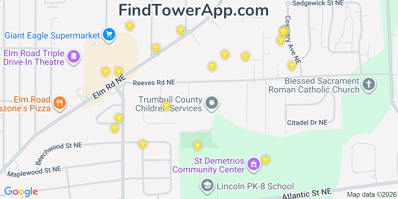 Map showing the 20 primary cell tower locations detected in Morgandale, Ohio from AT&T, Verizon, and T-Mobile networks