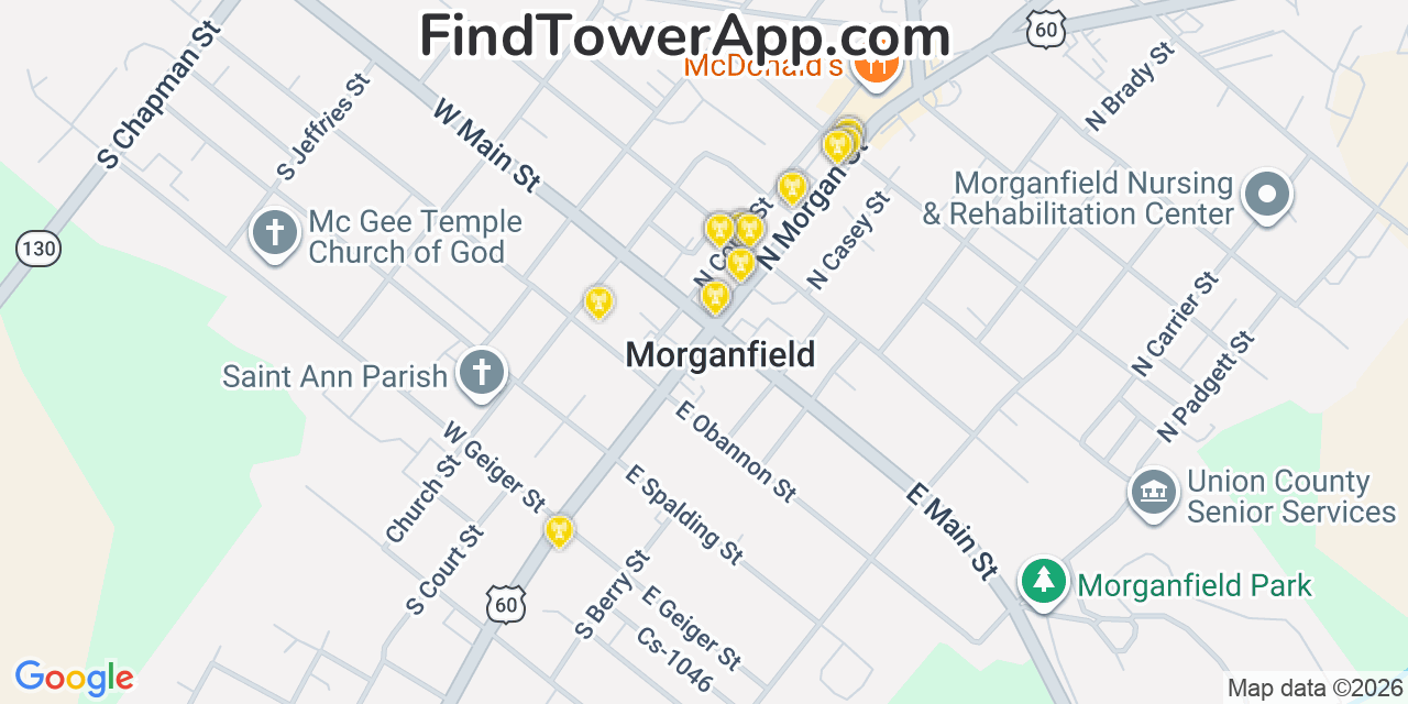 Map showing the 20 primary cell tower locations detected in Morganfield, Kentucky from AT&T, Verizon, and T-Mobile networks