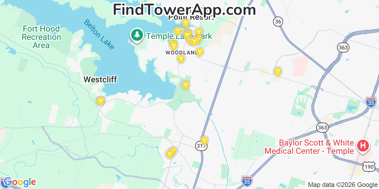 Map showing the 20 primary cell tower locations detected in Morgans Point Resort, Texas from AT&T, Verizon, and T-Mobile networks