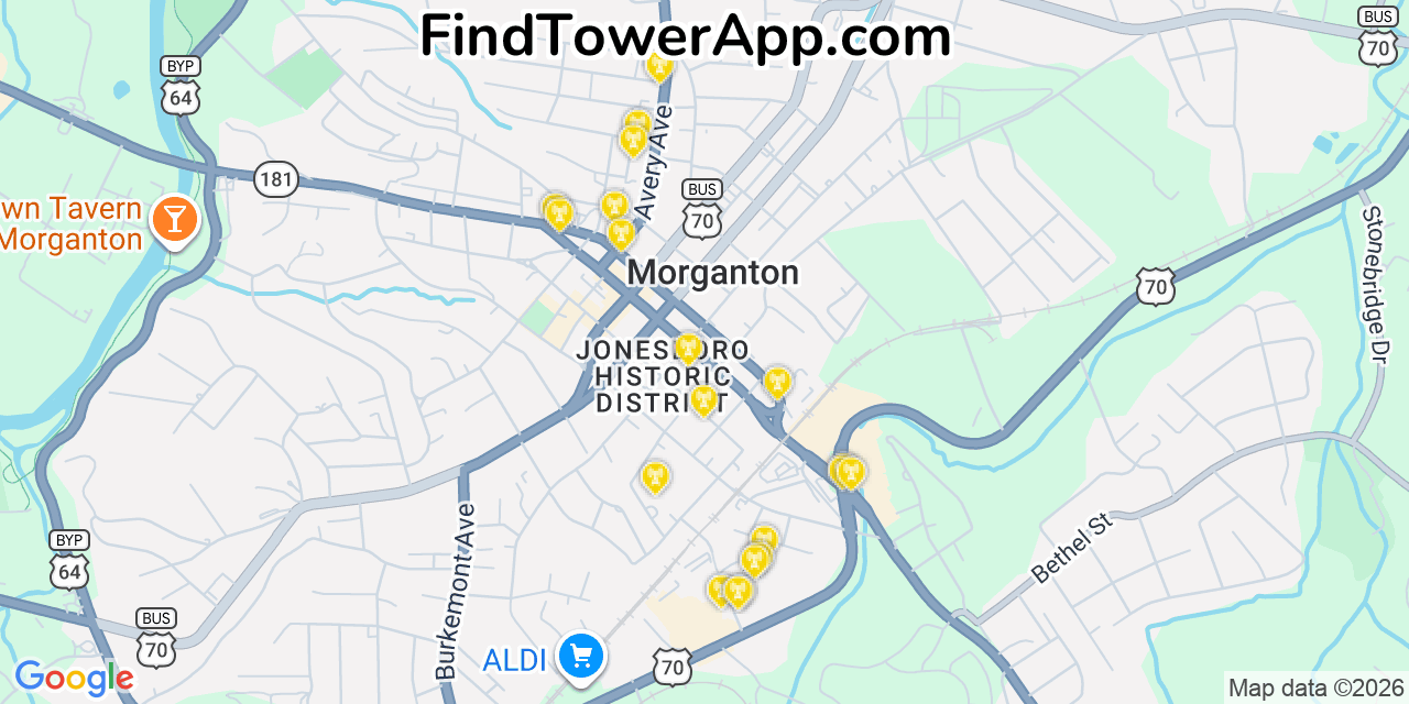 Map showing the 20 primary cell tower locations detected in Morganton, North Carolina from AT&T, Verizon, and T-Mobile networks