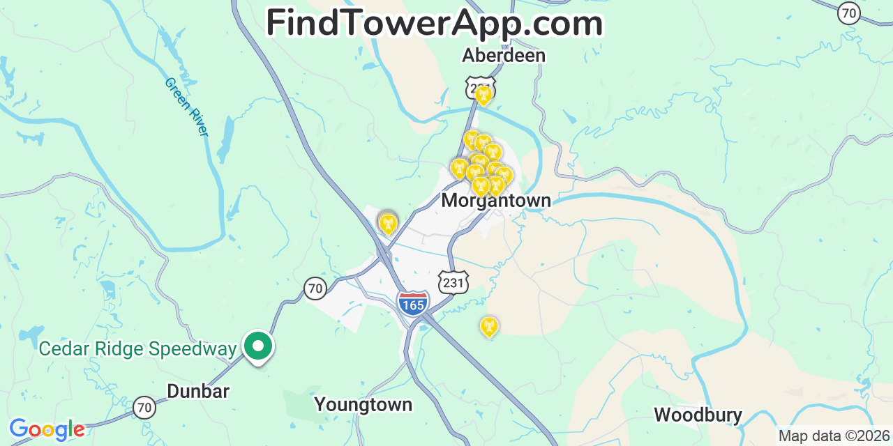 Map showing the 20 primary cell tower locations detected in Morgantown, Kentucky from AT&T, Verizon, and T-Mobile networks