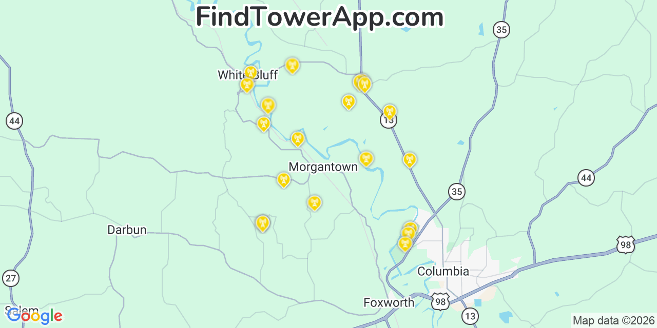 Map showing the 20 primary cell tower locations detected in Morgantown, Mississippi from AT&T, Verizon, and T-Mobile networks