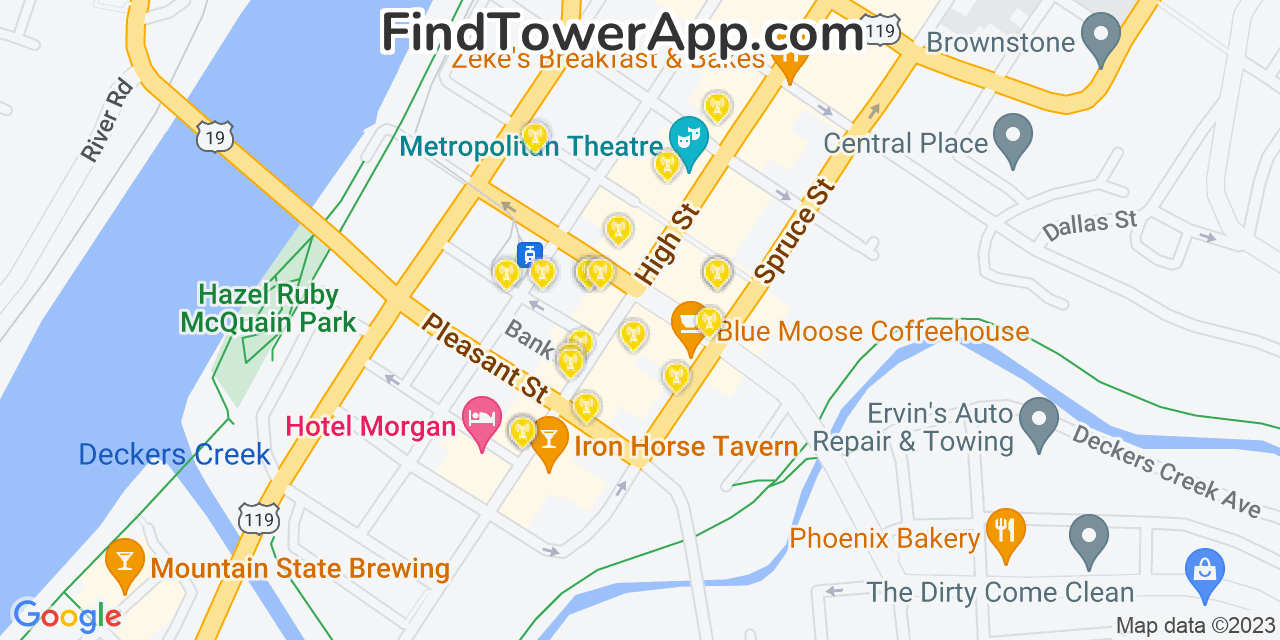 AT&T 4G/5G cell tower coverage map Morgantown, West Virginia