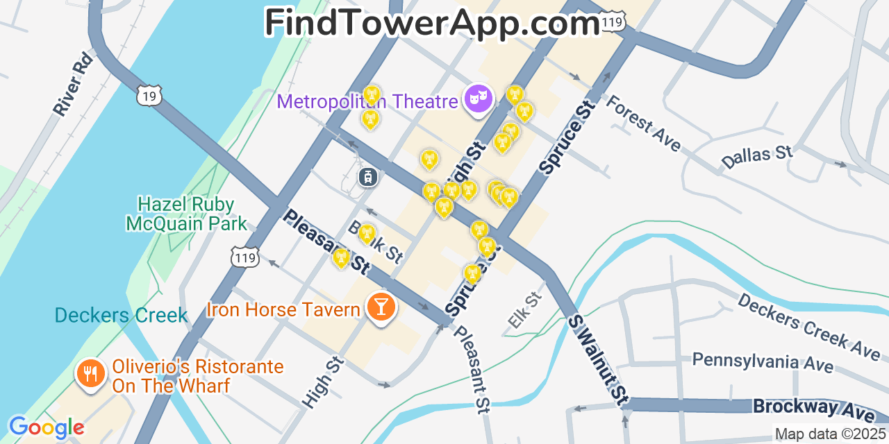 Map showing the 20 primary cell tower locations detected in Morgantown, West Virginia from AT&T, Verizon, and T-Mobile networks