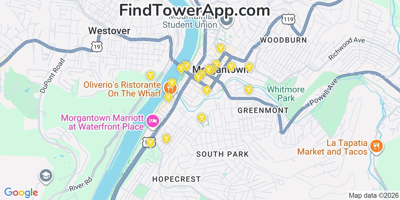 Map showing the 20 primary cell tower locations detected in Morgantown, West Virginia from AT&T, Verizon, and T-Mobile networks