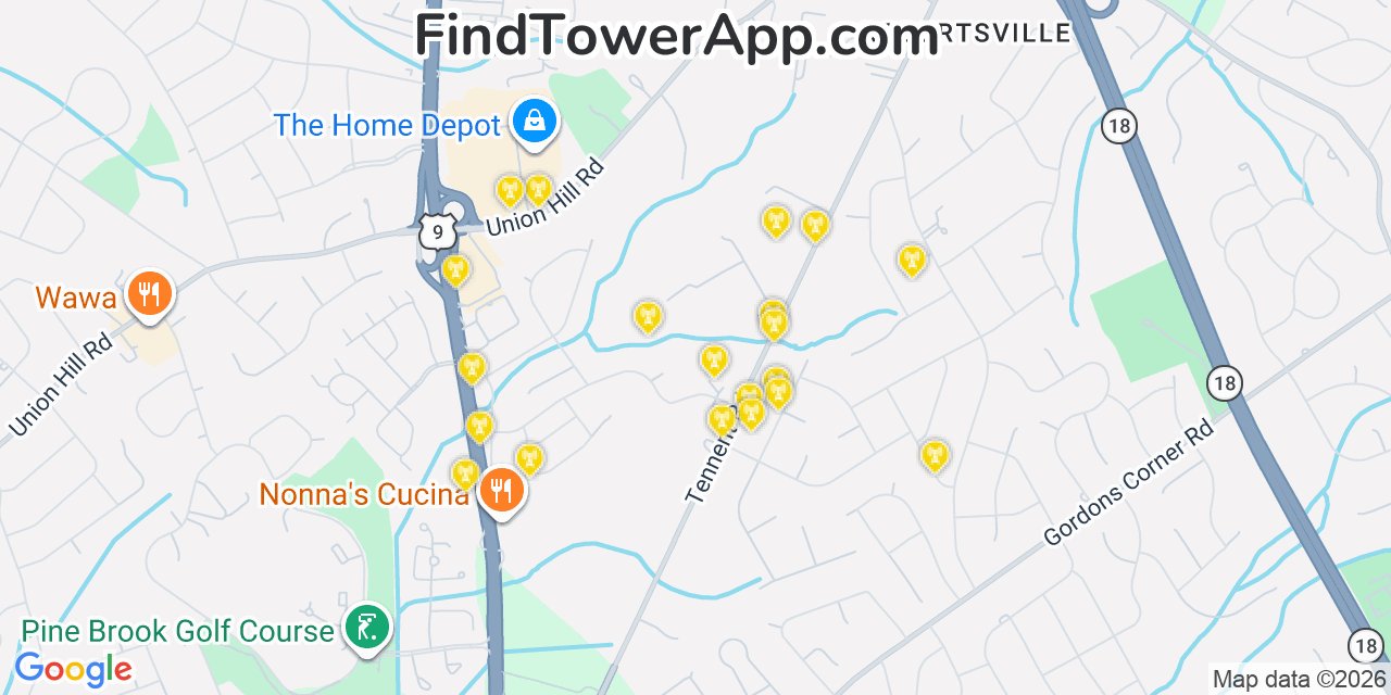 Map showing the 20 primary cell tower locations detected in Morganville, New Jersey from AT&T, Verizon, and T-Mobile networks