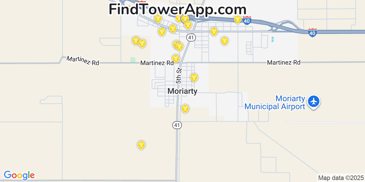 Map showing the 20 primary cell tower locations detected in Moriarty, New Mexico from AT&T, Verizon, and T-Mobile networks