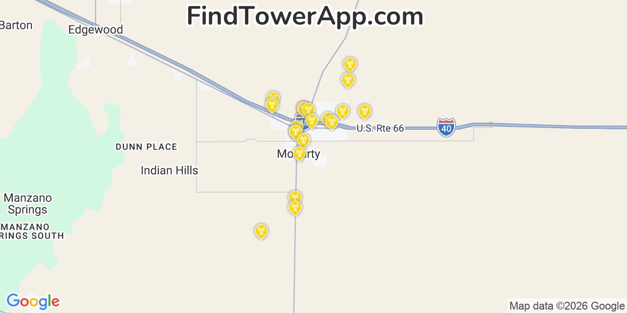 Map showing the 20 primary cell tower locations detected in Moriarty, New Mexico from AT&T, Verizon, and T-Mobile networks