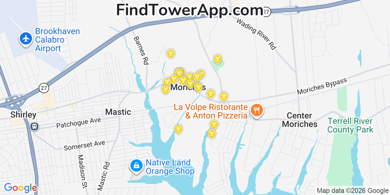 Map showing the 20 primary cell tower locations detected in Moriches, New York from AT&T, Verizon, and T-Mobile networks