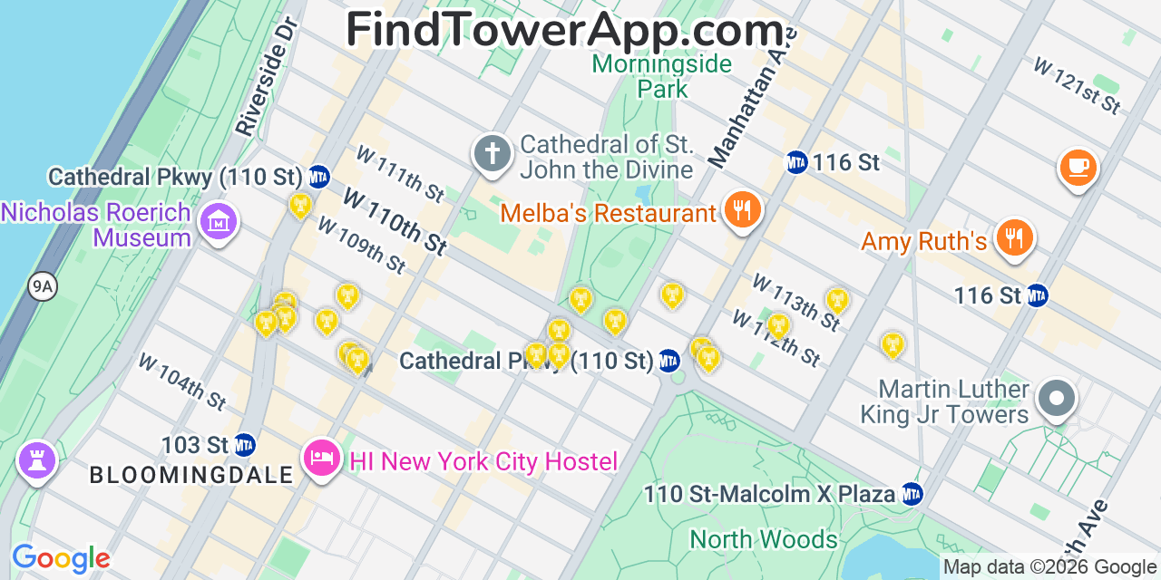 Map showing the 20 primary cell tower locations detected in Morningside Heights, New York from AT&T, Verizon, and T-Mobile networks