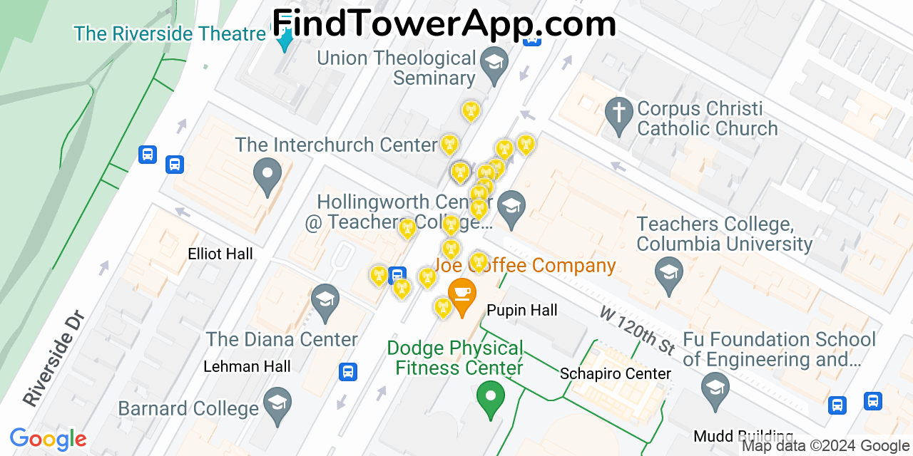 Verizon 4G/5G cell tower coverage map Morningside Heights, New York