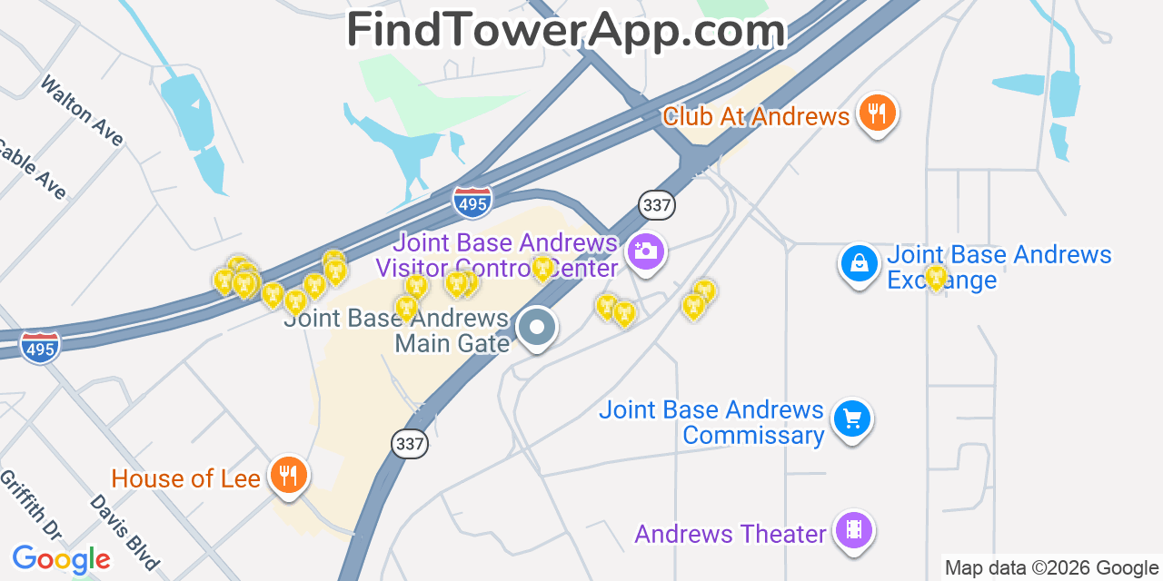 Map showing the 20 primary cell tower locations detected in Morningside, Maryland from AT&T, Verizon, and T-Mobile networks