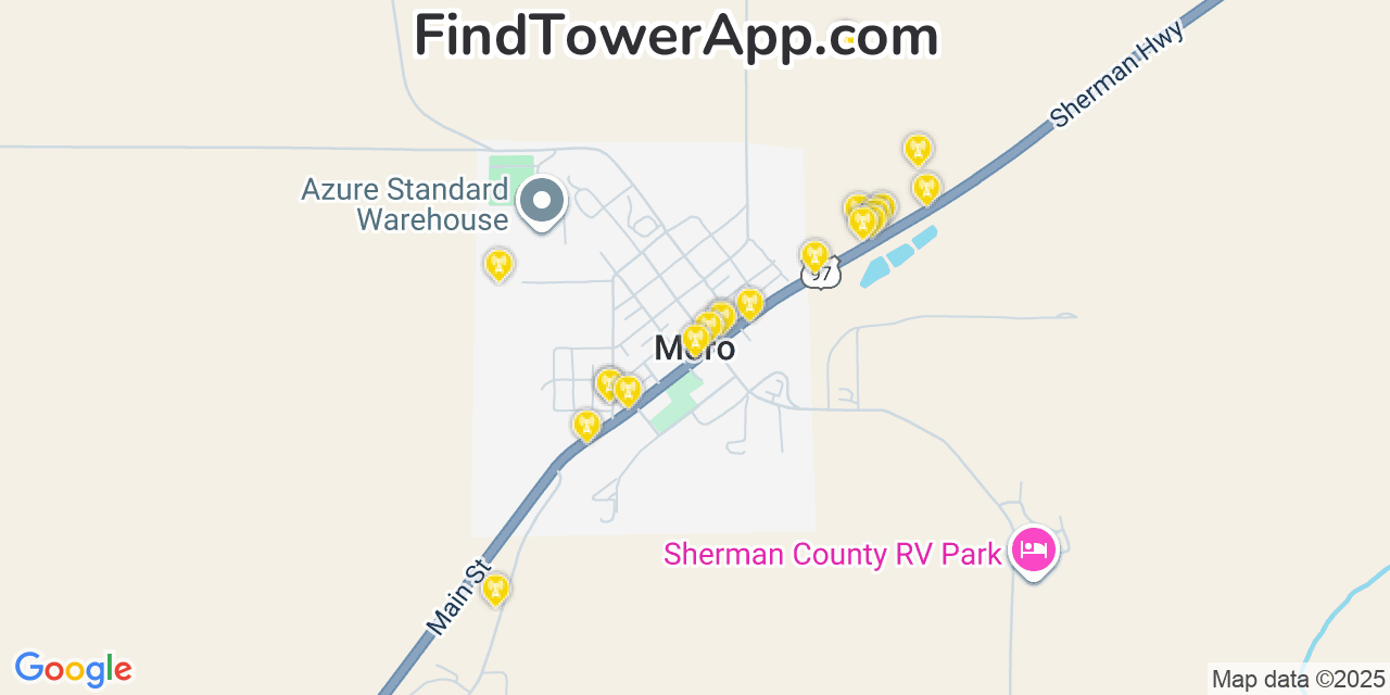 Map showing the 20 primary cell tower locations detected in Moro, Oregon from AT&T, Verizon, and T-Mobile networks