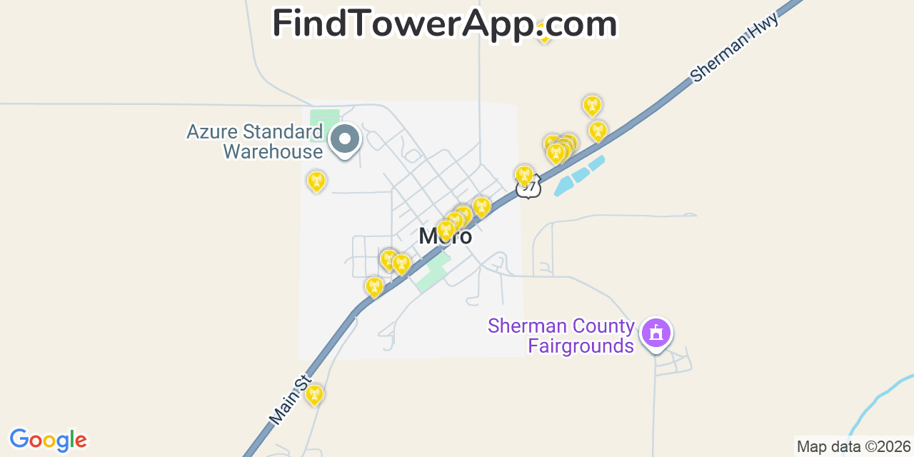 Map showing the 20 primary cell tower locations detected in Moro, Oregon from AT&T, Verizon, and T-Mobile networks