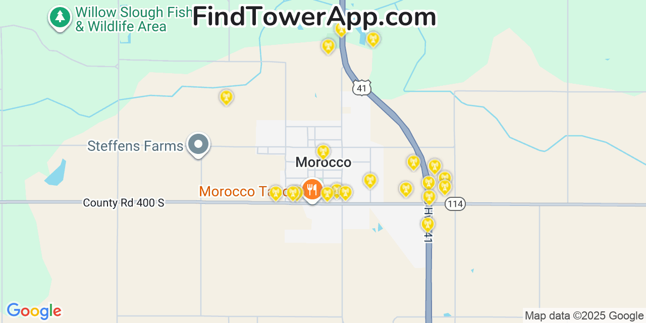 Map showing the 20 primary cell tower locations detected in Morocco, Indiana from AT&T, Verizon, and T-Mobile networks