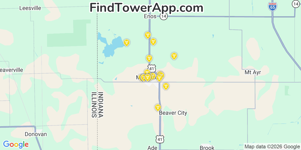 Map showing the 20 primary cell tower locations detected in Morocco, Indiana from AT&T, Verizon, and T-Mobile networks