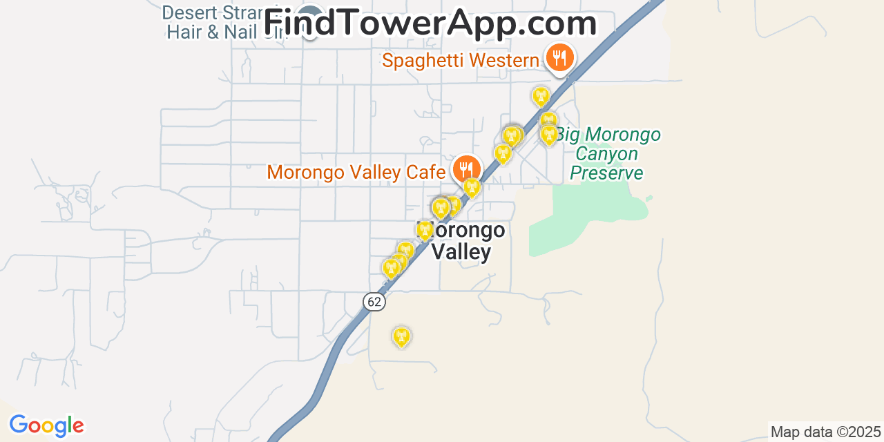 Map showing the 20 primary cell tower locations detected in Morongo Valley, California from AT&T, Verizon, and T-Mobile networks