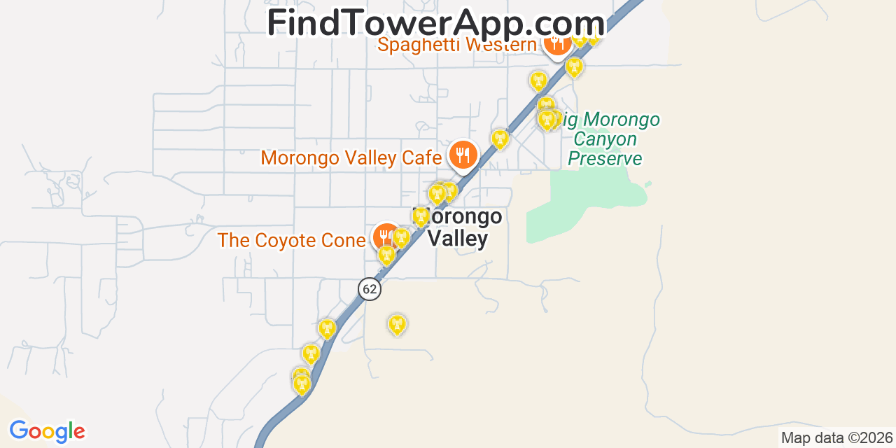 Map showing the 20 primary cell tower locations detected in Morongo Valley, California from AT&T, Verizon, and T-Mobile networks