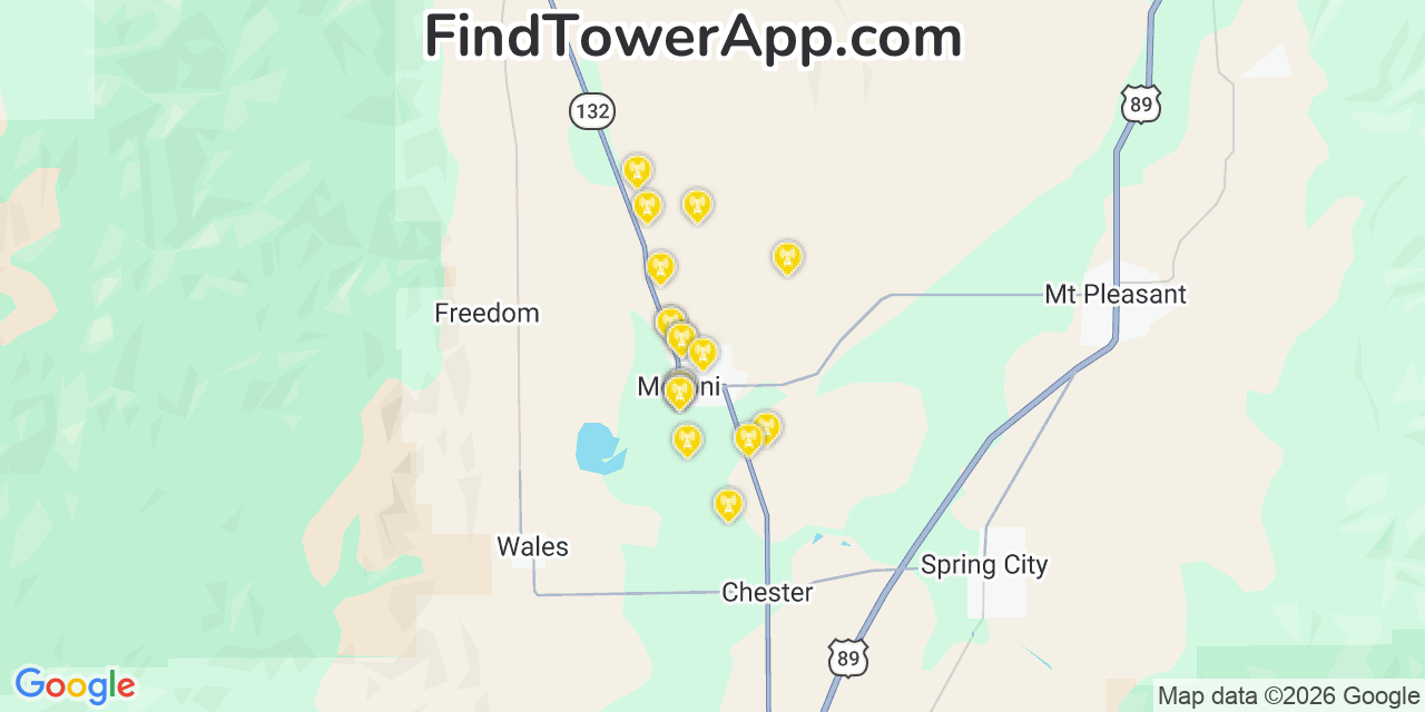 Map showing the 20 primary cell tower locations detected in Moroni, Utah from AT&T, Verizon, and T-Mobile networks