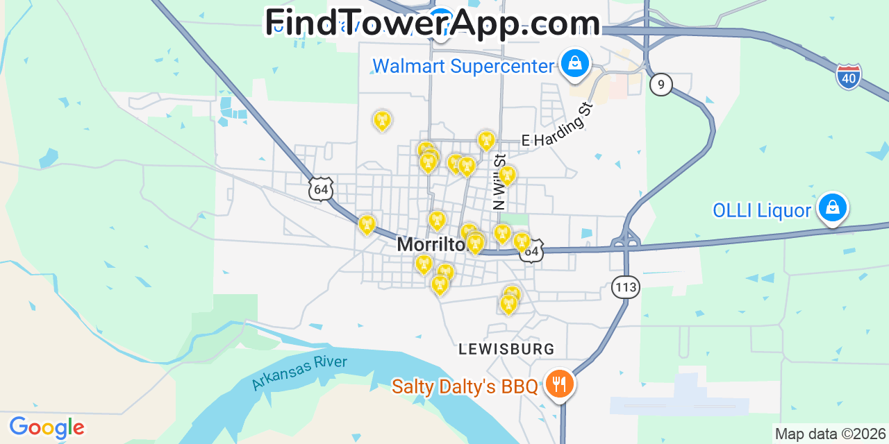 Map showing the 20 primary cell tower locations detected in Morrilton, Arkansas from AT&T, Verizon, and T-Mobile networks