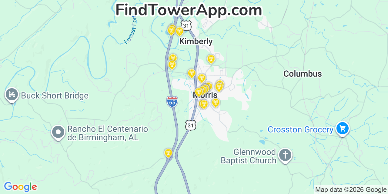 Map showing the 20 primary cell tower locations detected in Morris, Alabama from AT&T, Verizon, and T-Mobile networks