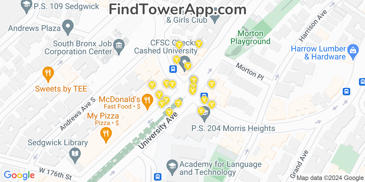 AT&T 4G/5G cell tower coverage map Morris Heights, New York