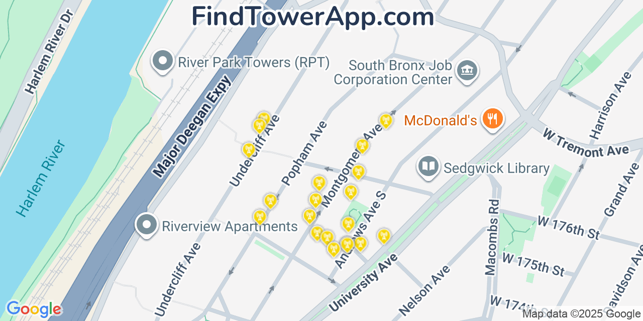 Map showing the 20 primary cell tower locations detected in Morris Heights, New York from AT&T, Verizon, and T-Mobile networks