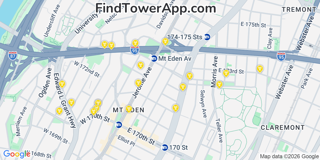 Map showing the 20 primary cell tower locations detected in Morris Heights, New York from AT&T, Verizon, and T-Mobile networks