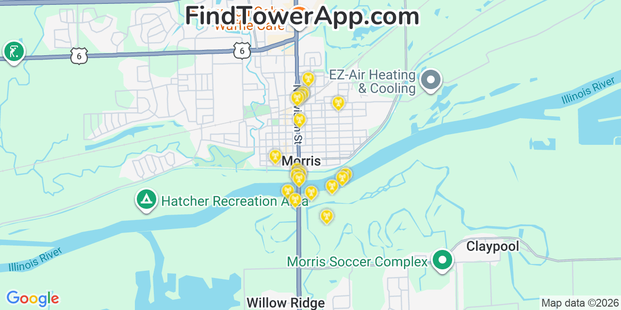 Map showing the 20 primary cell tower locations detected in Morris, Illinois from AT&T, Verizon, and T-Mobile networks