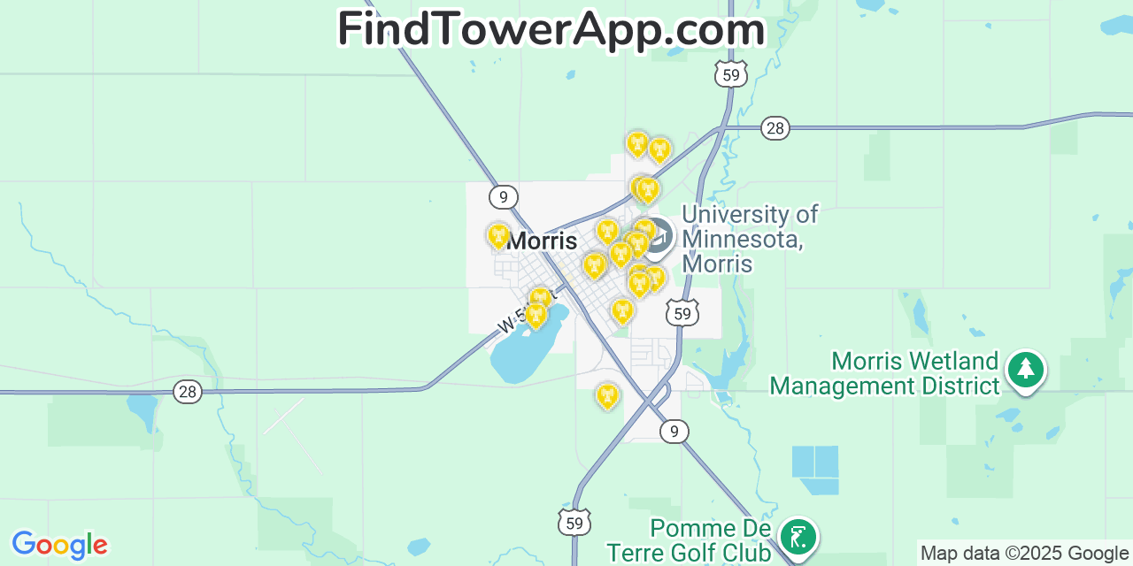 Map showing the 20 primary cell tower locations detected in Morris, Minnesota from AT&T, Verizon, and T-Mobile networks