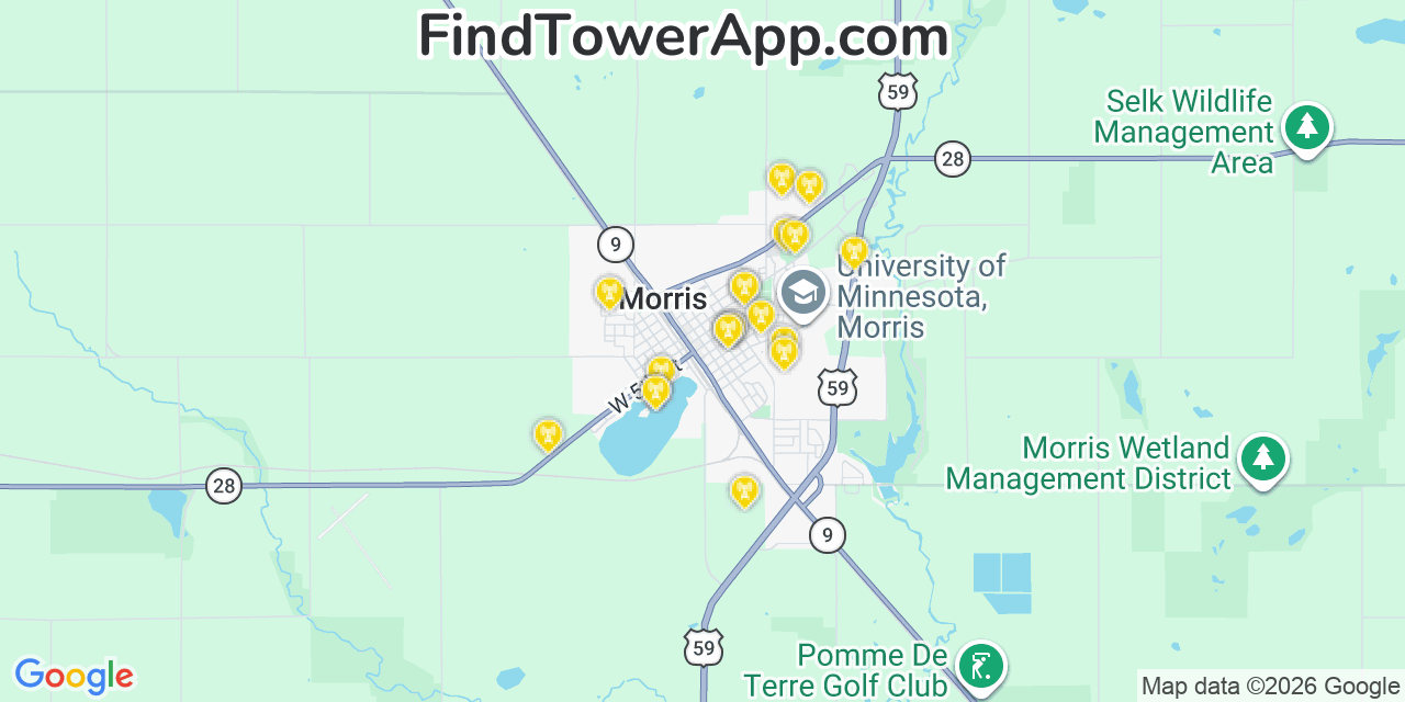 Map showing the 20 primary cell tower locations detected in Morris, Minnesota from AT&T, Verizon, and T-Mobile networks