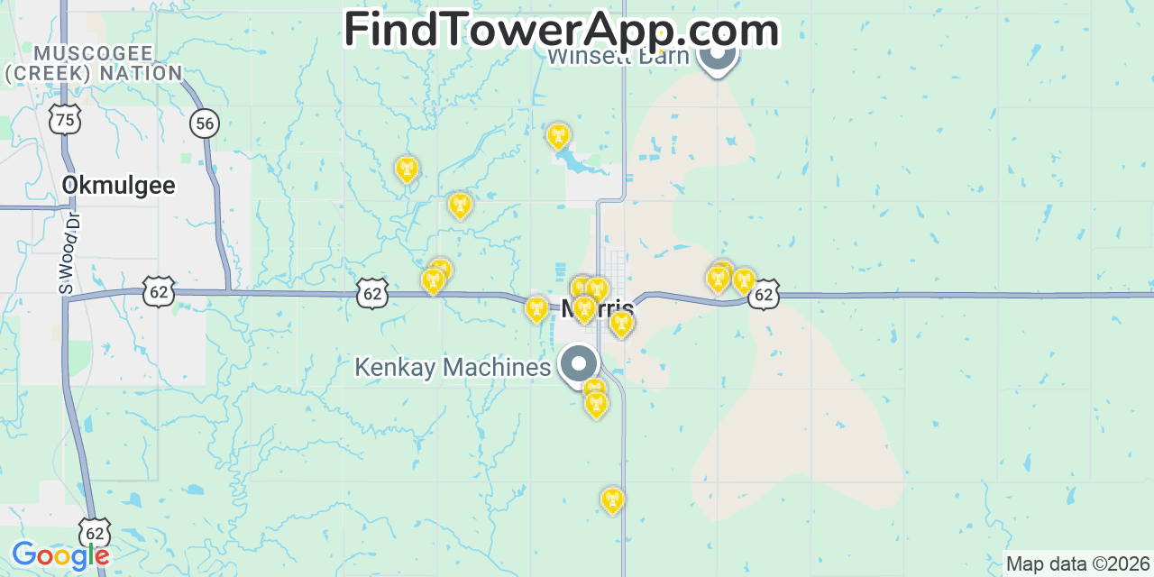 Map showing the 20 primary cell tower locations detected in Morris, Oklahoma from AT&T, Verizon, and T-Mobile networks