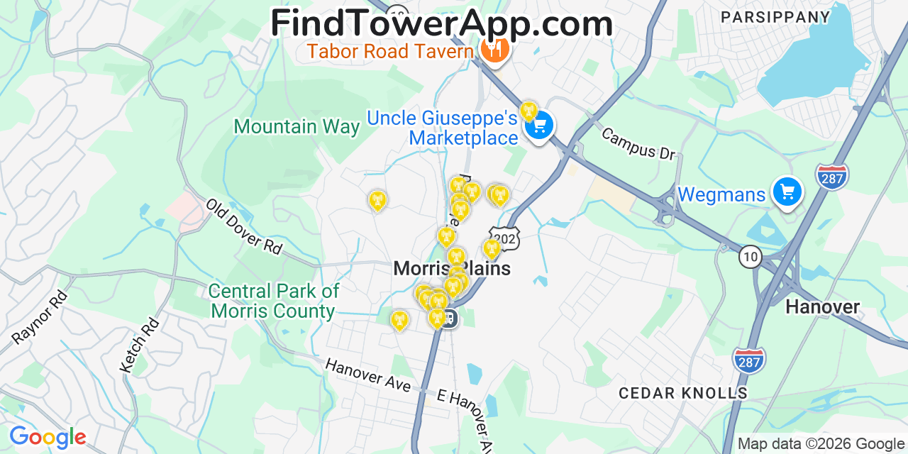Map showing the 20 primary cell tower locations detected in Morris Plains, New Jersey from AT&T, Verizon, and T-Mobile networks