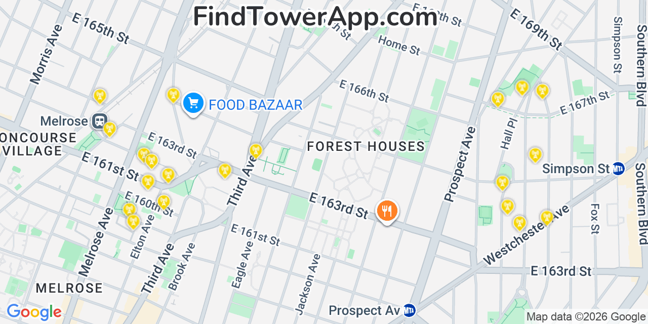 Map showing the 20 primary cell tower locations detected in Morrisania, New York from AT&T, Verizon, and T-Mobile networks