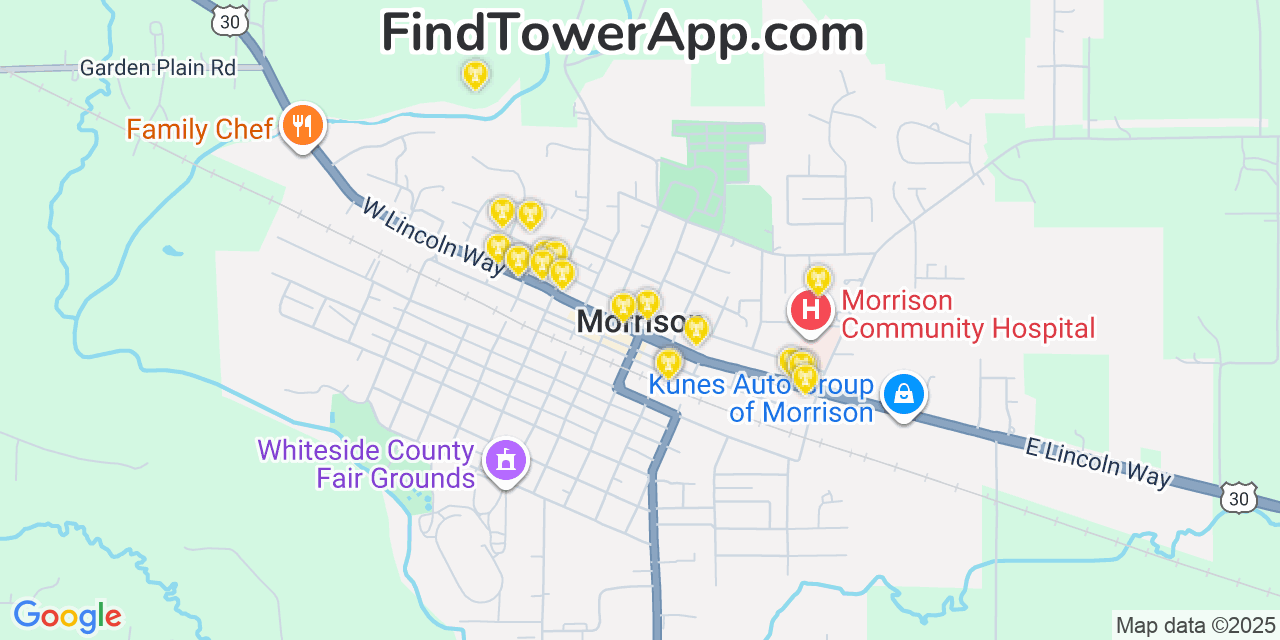 Map showing the 20 primary cell tower locations detected in Morrison, Illinois from AT&T, Verizon, and T-Mobile networks