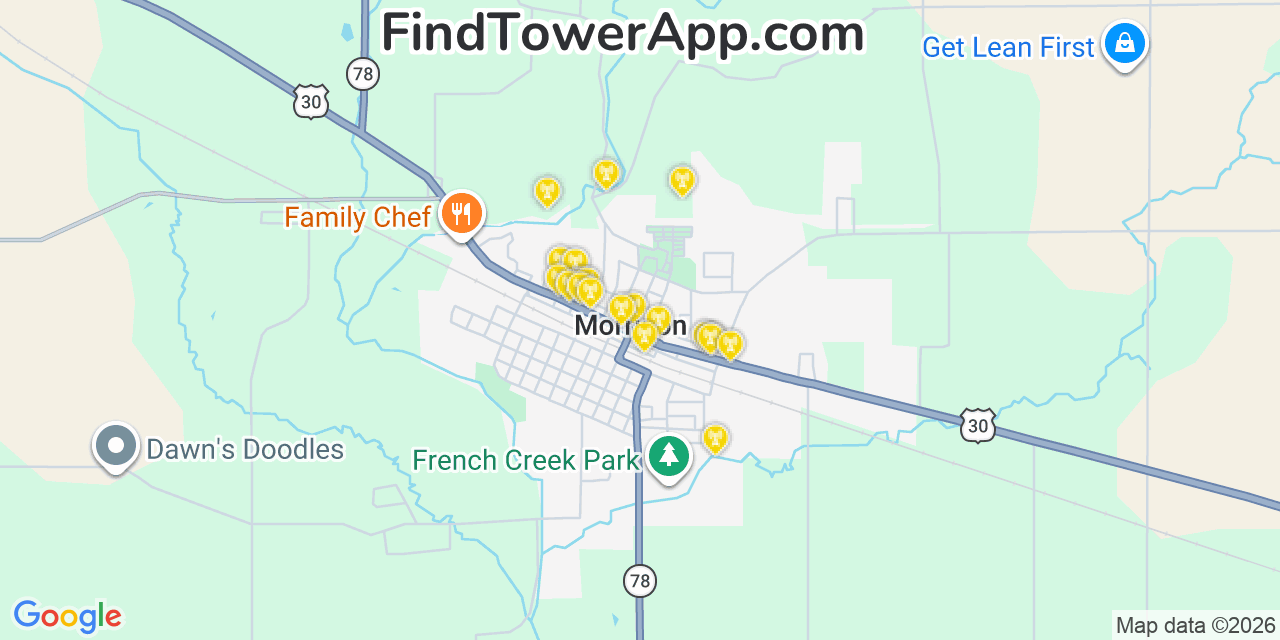 Map showing the 20 primary cell tower locations detected in Morrison, Illinois from AT&T, Verizon, and T-Mobile networks