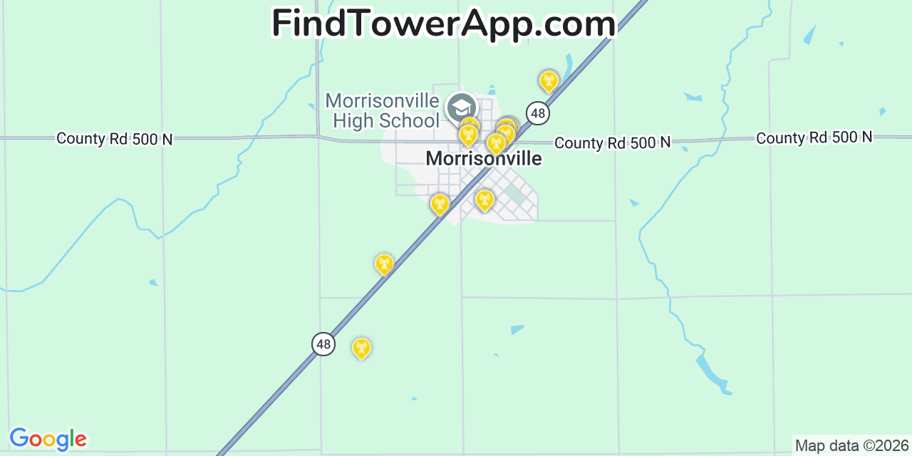 Map showing the 20 primary cell tower locations detected in Morrisonville, Illinois from AT&T, Verizon, and T-Mobile networks
