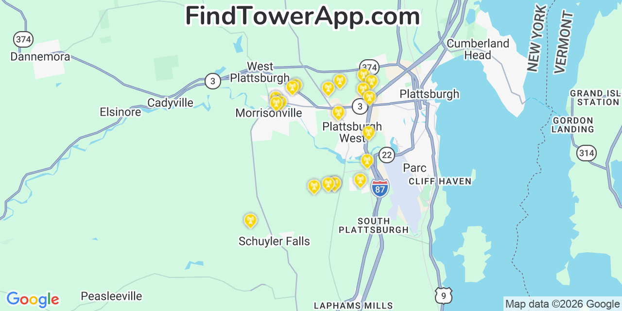 Map showing the 20 primary cell tower locations detected in Morrisonville, New York from AT&T, Verizon, and T-Mobile networks
