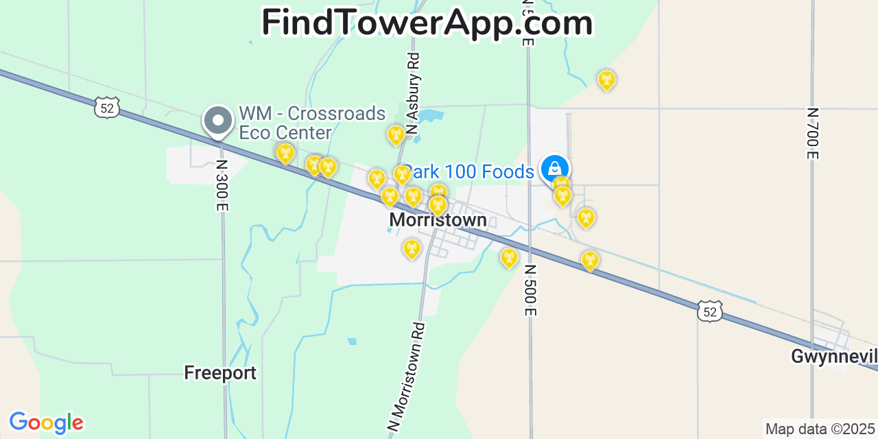 Map showing the 20 primary cell tower locations detected in Morristown, Indiana from AT&T, Verizon, and T-Mobile networks