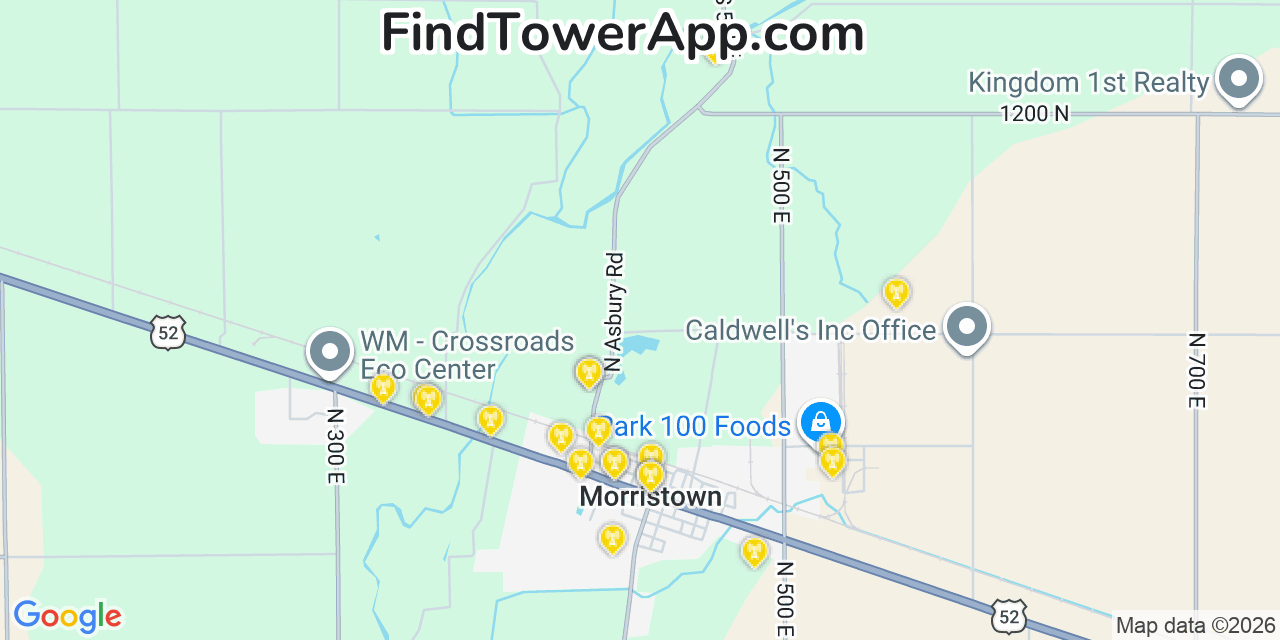 Map showing the 20 primary cell tower locations detected in Morristown, Indiana from AT&T, Verizon, and T-Mobile networks