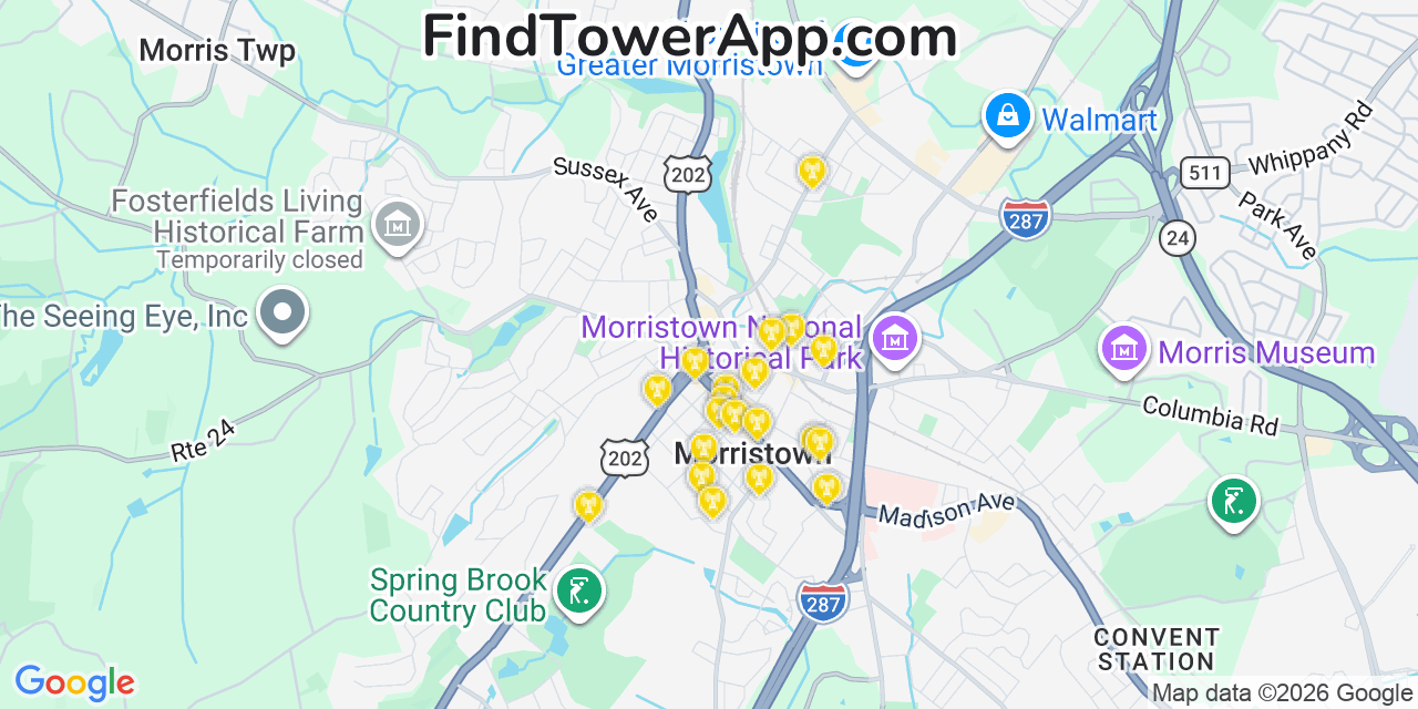 Map showing the 20 primary cell tower locations detected in Morristown, New Jersey from AT&T, Verizon, and T-Mobile networks
